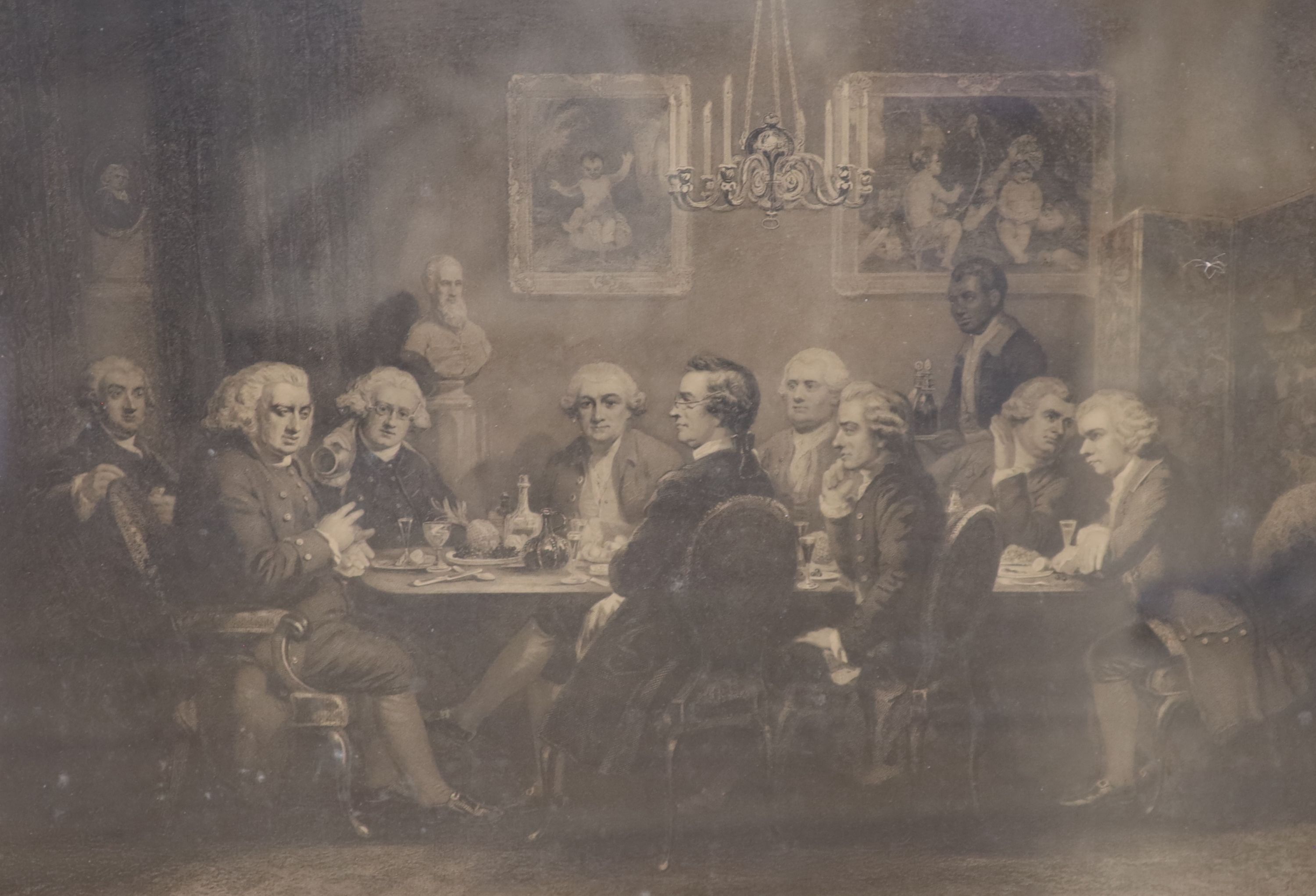 English School, engraving, 'The Literary Club' including Joshua Reynolds, Samuel Johnson etc 44 x 59.5cm